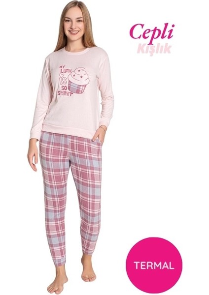 Kadın Bisiklet Yaka Düğmesiz Kışlık Termal Bilek Manşetli Jogger Uzun Kol Cepli Pijama Takımı