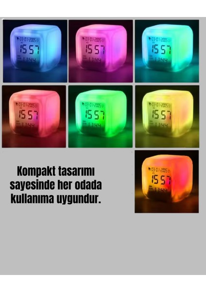 Termometre ve Takvim Özellikli 7 Renk Değiştiren Küp Alarm Saati fiyatları