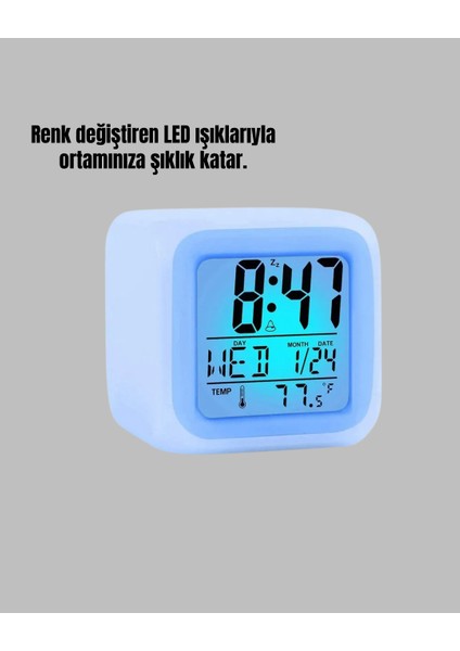 Termometre ve Takvim Özellikli 7 Renk Değiştiren Küp Alarm Saati indirimleri