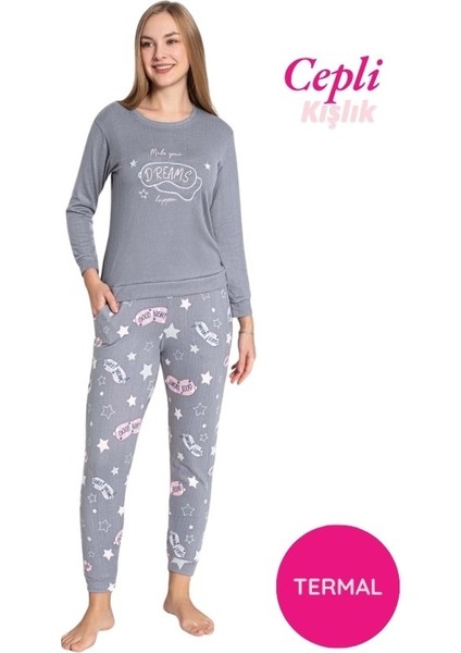 Kadın Bisiklet Yaka Düğmesiz Kışlık Termal Bilek Manşetli Jogger Uzun Kol Cepli Pijama Takımı