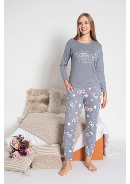 Kadın Bisiklet Yaka Düğmesiz Kışlık Termal Bilek Manşetli Jogger Uzun Kol Cepli Pijama Takımı modelleri