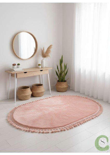 Post/peluş Yıkanabilir Kaymaz Taban Yumşacık Pembe Oval Örgü Saçaklı Modern ve Şık Salon Oturma Odası Mutfak Çocuk Odası Koridor Antre Halısı fırsatları