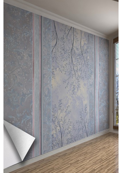 Lila Mavi Çiçek Dalları ve Klasik Panel Desenli Tekstil Duvar Kağıdı