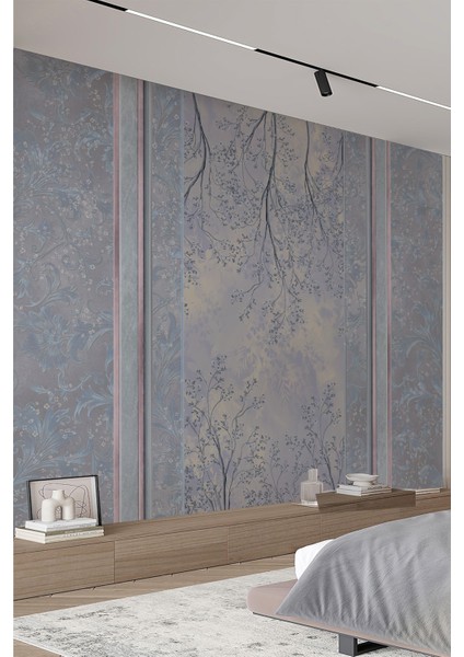 Lila Mavi Çiçek Dalları ve Klasik Panel Desenli Tekstil Duvar Kağıdı fiyatları