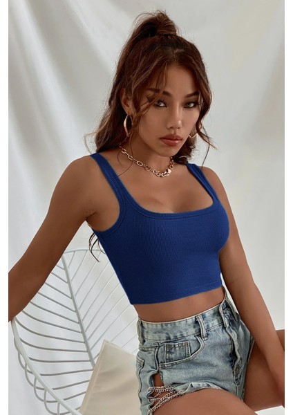 Kadın Lacivert Kalın Askılı Crop Top Büstiyer
