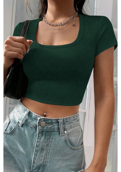 Kadın Yeşil Yarım Kol Düz Yaka Crop Top Bluz