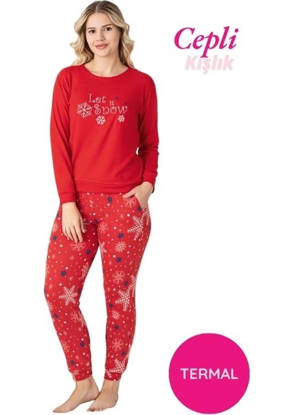 Kadın Bisiklet Yaka Düğmesiz Kışlık Termal Bilek Manşetli Jogger Uzun Kol Cepli Pijama Takımı
