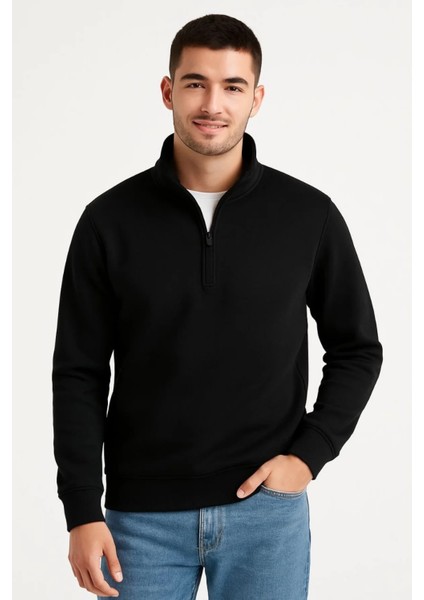 Erkek Dik Yaka Sweatshirt Dik Yaka Yarım Fermuarlı 3 Iplik Şardonlu Pamuk Kumaş indirimleri