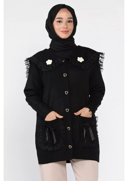 Papatya Figürlü Fistolu Tesettür Triko Hırka (S-M-L Beden Uyumludur.) P-00018075