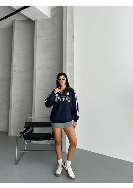 Yarım Fermuarlı Newyork Yazılı Sweat