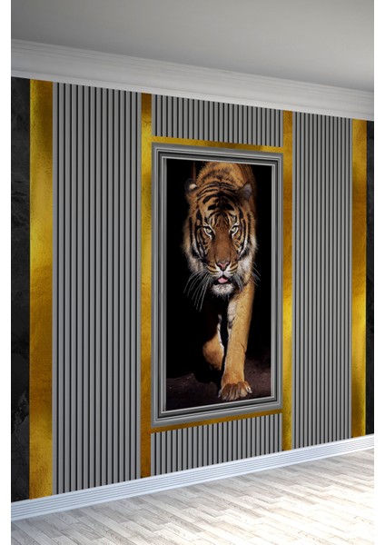 Aslanın Gücü Altın Çerçeveli Kaplan Tasarımlı Tekstil Duvar Kağıdı