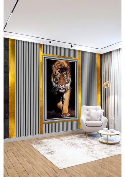 Aslanın Gücü Altın Çerçeveli Kaplan Tasarımlı Tekstil Duvar Kağıdı fiyatları
