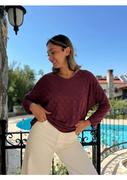 NC20662 Italyan Kendinden Desenli V Yaka Triko Bluz Bordo fiyatları