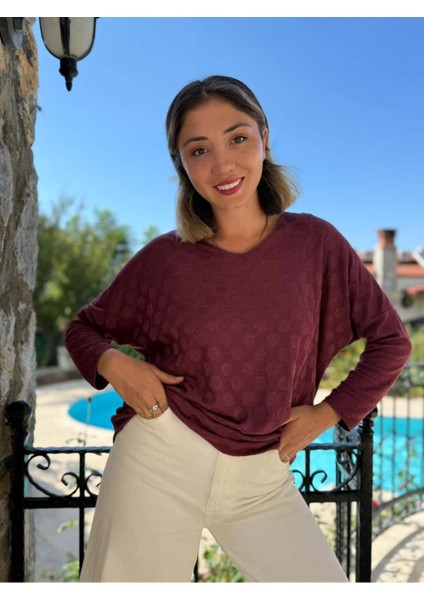 NC20662 Italyan Kendinden Desenli V Yaka Triko Bluz Bordo fırsatları