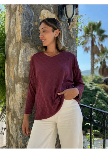 NC20662 Italyan Kendinden Desenli V Yaka Triko Bluz Bordo indirimleri