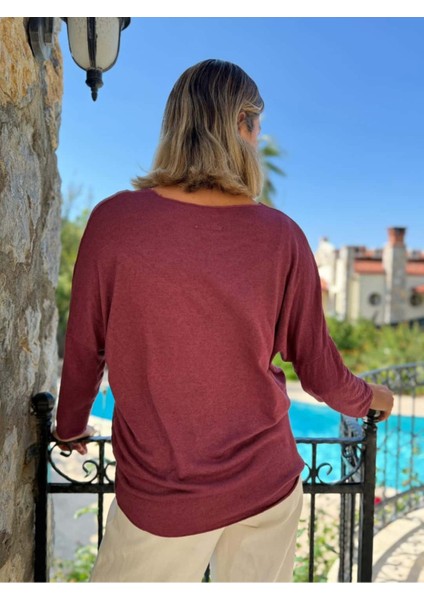 NC20662 Italyan Kendinden Desenli V Yaka Triko Bluz Bordo