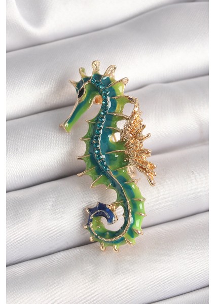 Bfs Pirinç Gold Renk Yeşil Deniz Atı Model Zirkon Taş Detay Kadın Broş