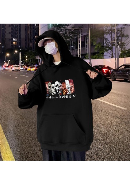 Halloween Bad Characters Baskılı Siyah Unisex Oversize Kapüşonlu Sweatshirt