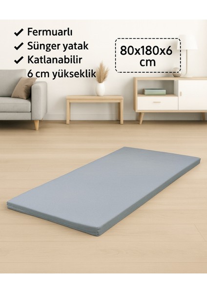 Sünger Yatak 80X180X6 Cm, Yer Yatağı, Balkon Sedir Yer Minderi,şantiye,karavan,deprem Yatağı-Gri