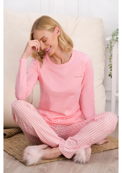 8766 Kadın Uzun Kollu Bisiklet Yaka Pijama Takımı-Pembe