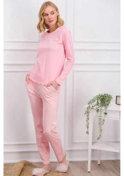 8766 Kadın Uzun Kollu Bisiklet Yaka Pijama Takımı-Pembe modelleri