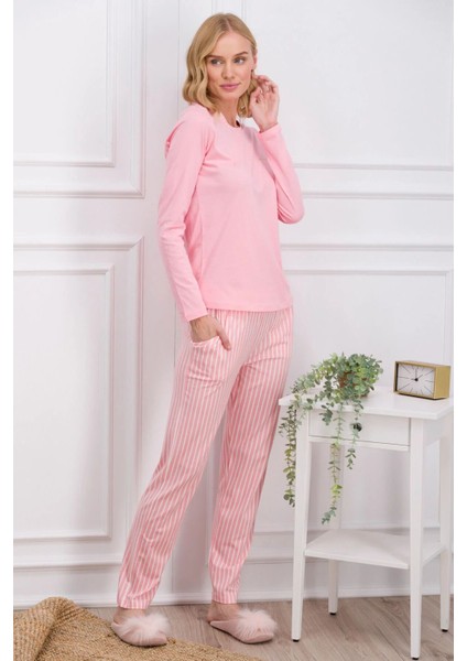 8766 Kadın Uzun Kollu Bisiklet Yaka Pijama Takımı-Pembe fırsatları