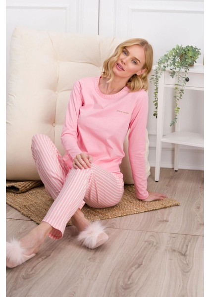 8766 Kadın Uzun Kollu Bisiklet Yaka Pijama Takımı-Pembe indirimleri