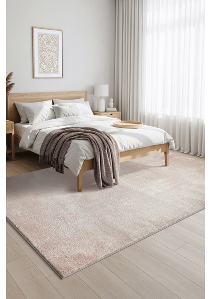 Yıkanabilir Kaymaz Taban Bej Renk Peluş Post Halı