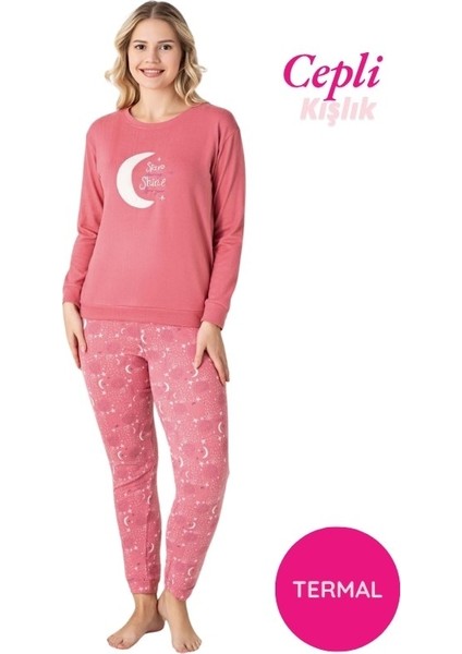 Kadın Bisiklet Yaka Düğmesiz Kışlık Termal Bilek Manşetli Jogger Uzun Kol Cepli Pijama Takımı