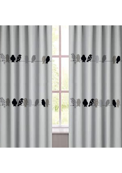 Milimalist Kuş Desen Baskılı Gri Renk Karartma Blackout Fon Perde ( Pilesiz )