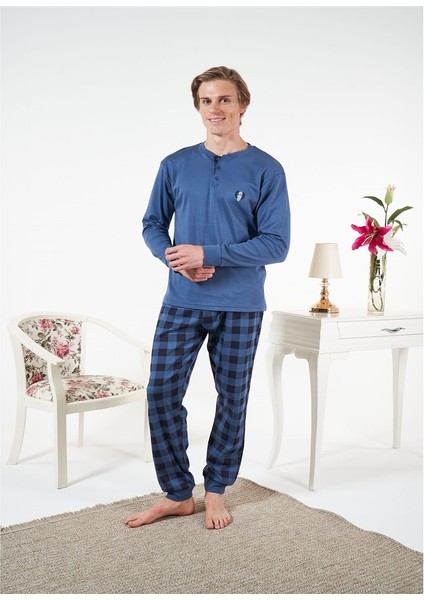 Penye Interlok Kareli Uzun Kol Erkek Pijama Takım modelleri