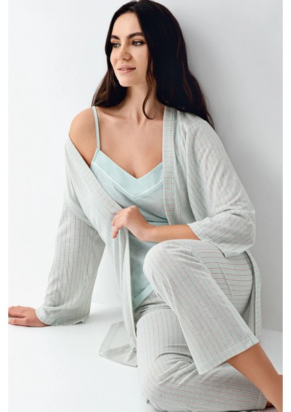9052 Kadın Sabahlıklı Ip Askılı Pijama Takımı-Nil