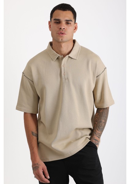 Omuz Çoban Dikiş Detaylı Double Pike Kumaş Loose Fit Erkek Polo Yaka Tişört