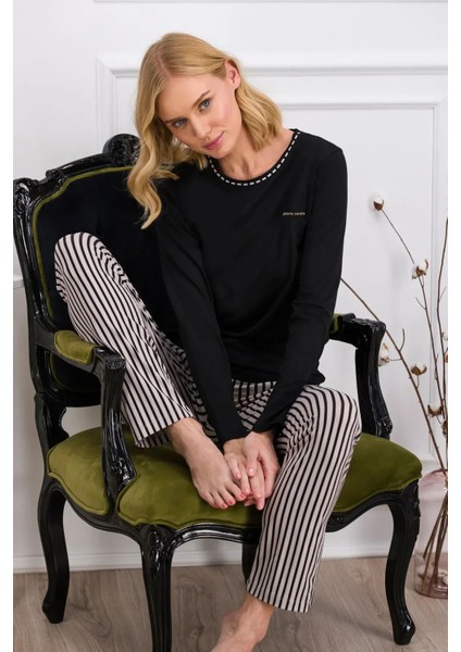 8766 Kadın Uzun Kollu Bisiklet Yaka Pijama Takımı-Siyah