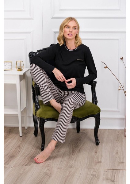 8766 Kadın Uzun Kollu Bisiklet Yaka Pijama Takımı-Siyah modelleri