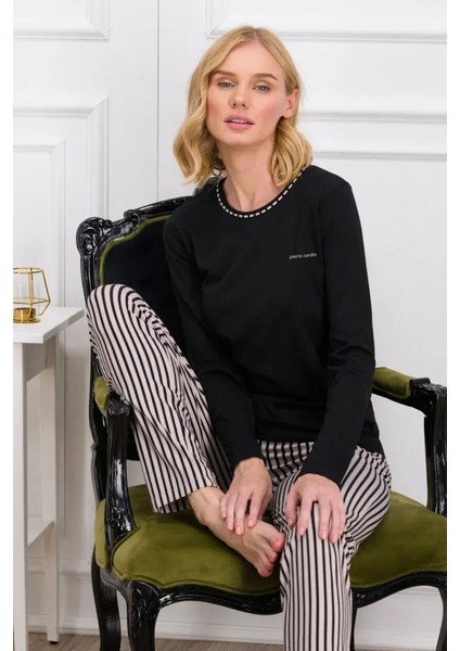 8766 Kadın Uzun Kollu Bisiklet Yaka Pijama Takımı-Siyah fırsatları