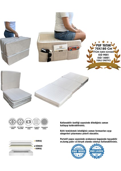 Ultra Kalın Katlanır Sünger Yatak, Yer Yatağı, Katlanır Yer Minderi, Puf Yatak 70X180X11 Cm-Krem