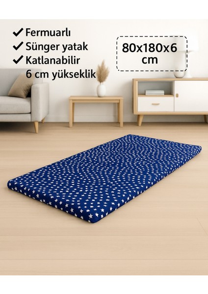 Sünger Yatak 80X180X6 Cm, Yer Yatağı,yer Minderi,şantiye,karavan,deprem Yatağı-Lacivert Yıldız