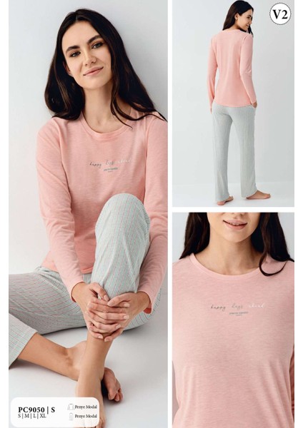 9050 Kadın Uzun Kollu Bisiklet Yaka Pijama Takımı-Somon