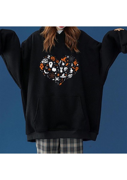 Halloween Heart Baskılı Siyah Unisex Oversize Kapüşonlu Sweatshirt