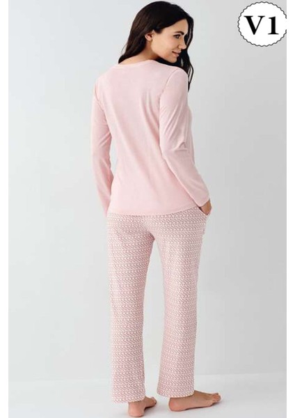 9080 Kadın Düğmeli Bisiklet Yaka Uzun Kollu Pijama Takımı-Pembe modelleri