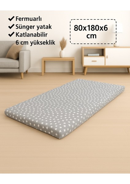 Sünger Yatak 80X180X6 Cm, Yer Yatağı, Balkon Yer Minderi,şantiye,karavan,deprem Yatağı-Gri Yıldız