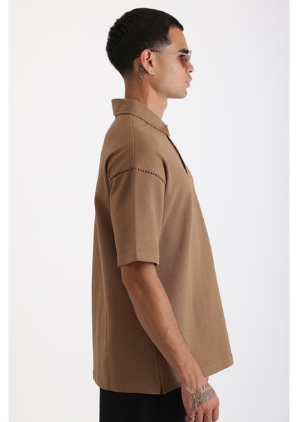 Omuz Çoban Dikiş Detaylı Double Pike Kumaş Loose Fit Erkek Polo Yaka Tişört fiyatları