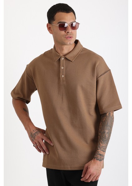 Omuz Çoban Dikiş Detaylı Double Pike Kumaş Loose Fit Erkek Polo Yaka Tişört