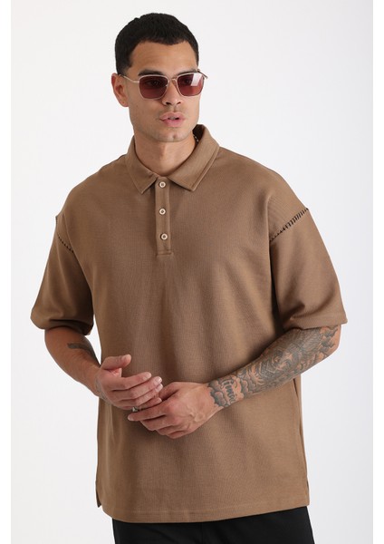 Omuz Çoban Dikiş Detaylı Double Pike Kumaş Loose Fit Erkek Polo Yaka Tişört
