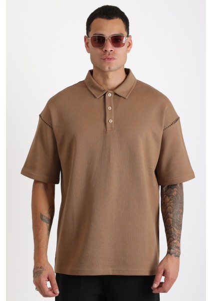 Omuz Çoban Dikiş Detaylı Double Pike Kumaş Loose Fit Erkek Polo Yaka Tişört