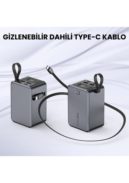 20000 Mah 70W Süper Hızlı Şarj Powerbank – Dahili Type-C Kablo, Çoklu Çıkış, LED Ekranlı Taşınabilir Şarj Cihazı