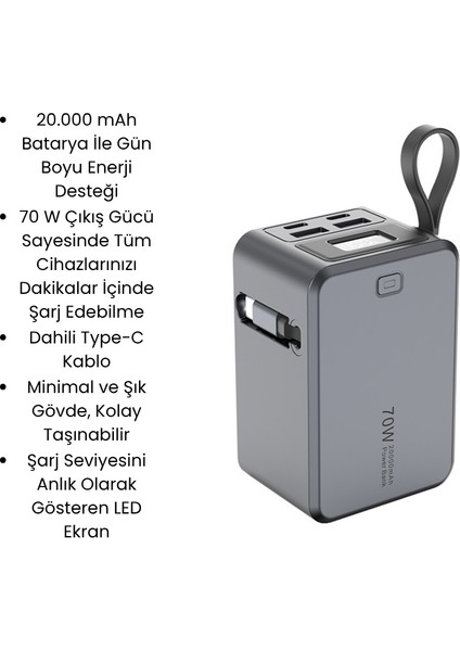 20000 Mah 70W Süper Hızlı Şarj Powerbank – Dahili Type-C Kablo, Çoklu Çıkış, LED Ekranlı Taşınabilir Şarj Cihazı fiyatları