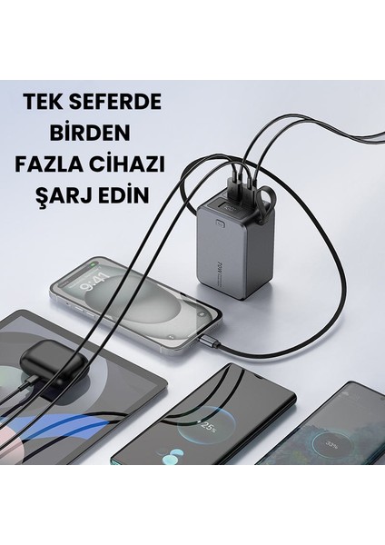 20000 Mah 70W Süper Hızlı Şarj Powerbank – Dahili Type-C Kablo, Çoklu Çıkış, LED Ekranlı Taşınabilir Şarj Cihazı