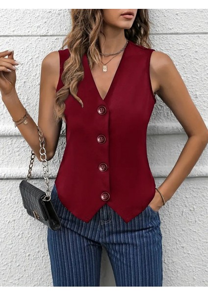 Kadın Sıfır Kollu V Yakalı Önden Düğmeli Atlas Yelek indirimleri